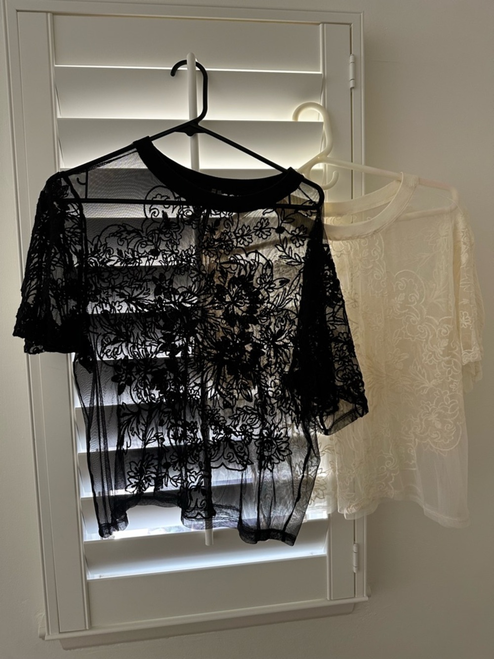 Anthropologie Sheer Embroidered Short Sleeve Top - Set of 2 Black and Cream.